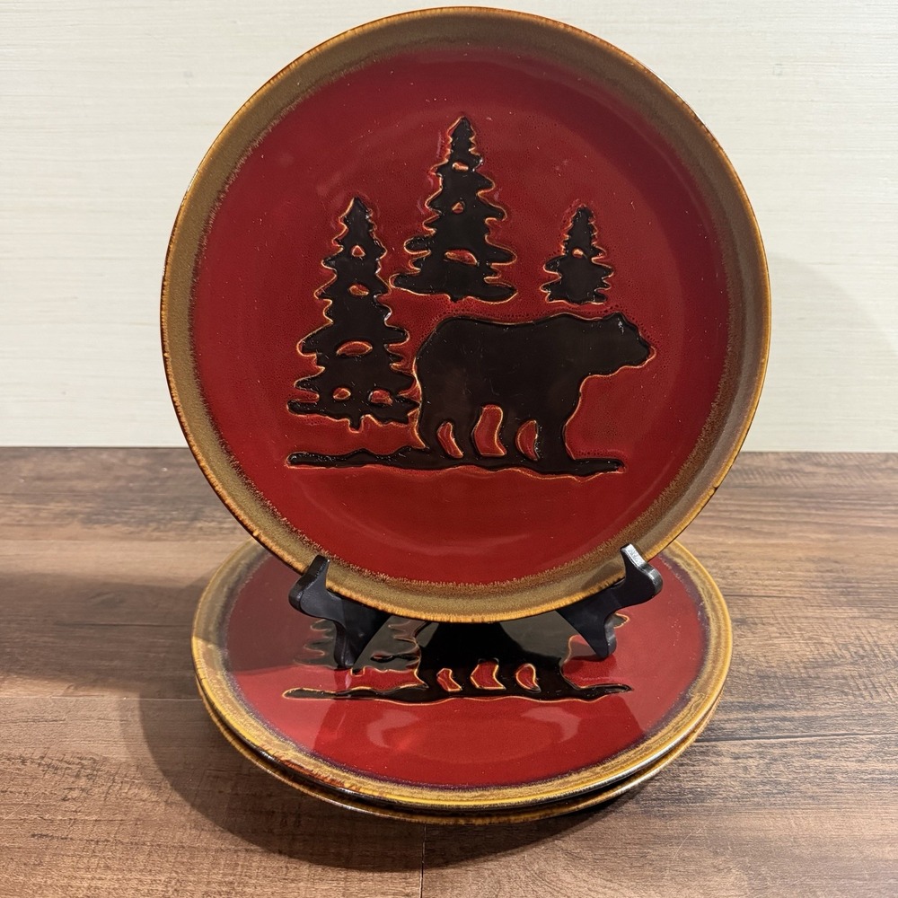 Set of 3 Home Studio Woodland Collection Dinner Plates Red Bear Pine Trees 11"
